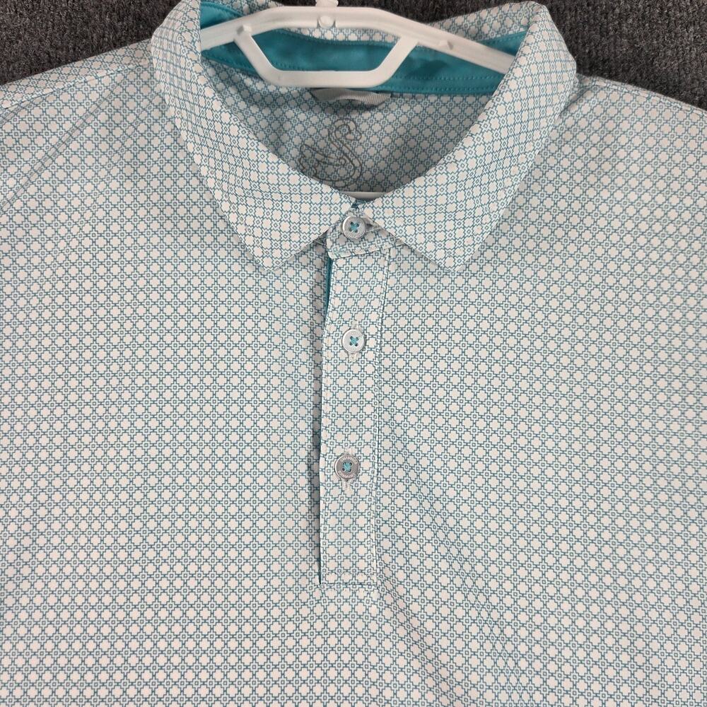 Swannies Mens XL Golf Polo Shirt Turquoise White Geometric Forest Highlands Logo